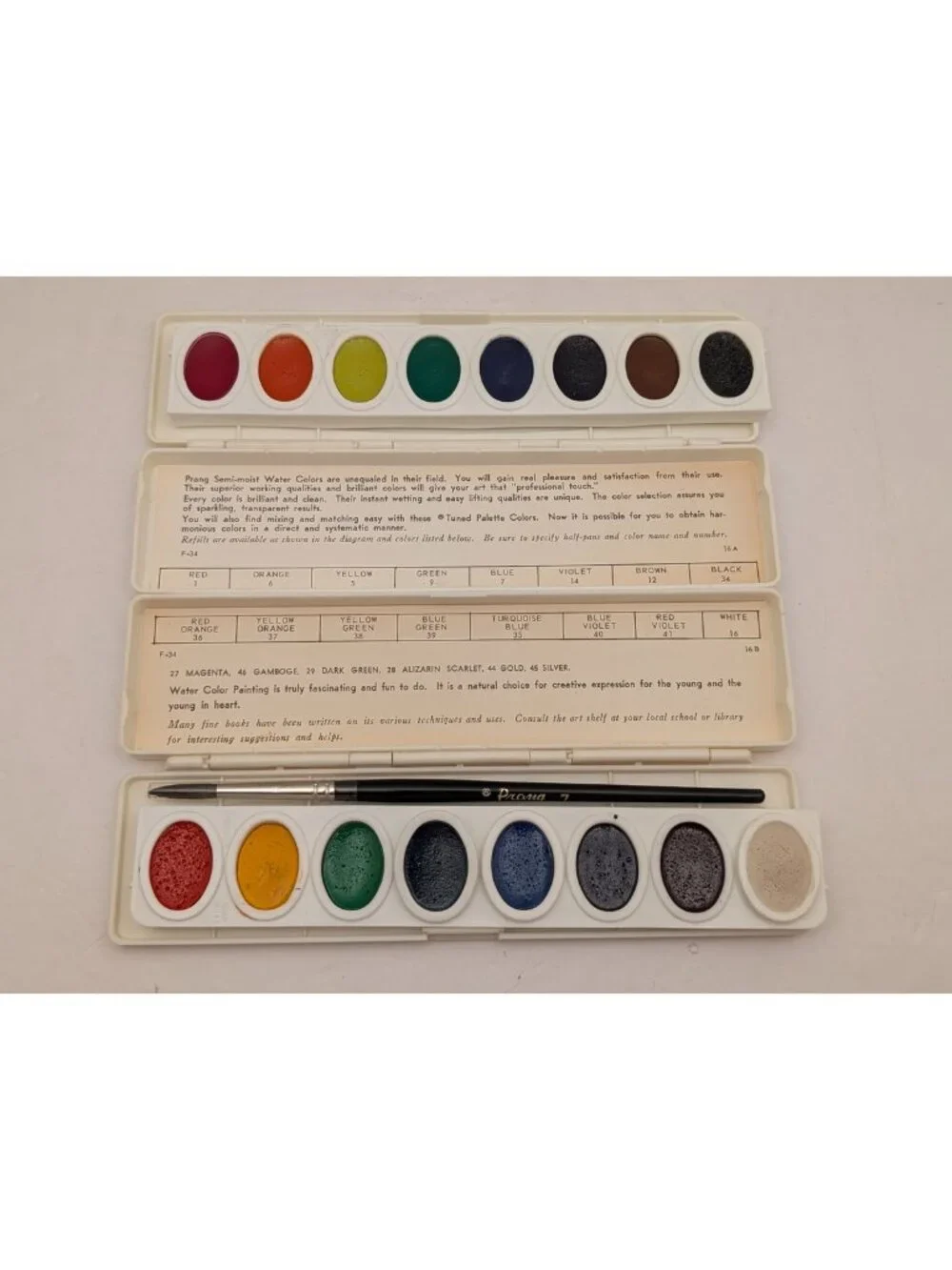 PRANG Water Colors w/ Prang 7 Brush | 16 Colors | Semi-Moist | Half-Pan | OVL-16